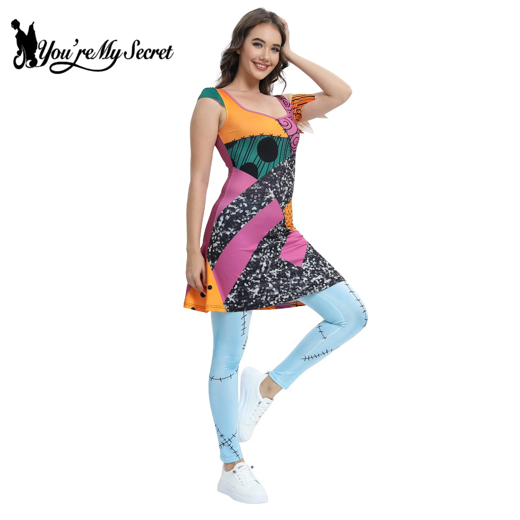 [You\'re My Secret] Women\'s Sleeveless Cosplay Sally Dress Leggings Set Halloween Nightmare Carnival Party Costume Outfit