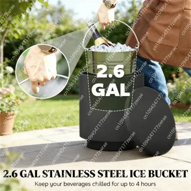 Charcoal Gray Outdoor Cooling Side Table with Storage Space & Ice Bucket Cooling Rod Table