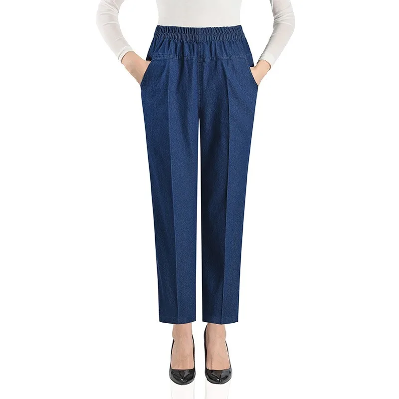 High Waist plus Size Denim Jeans Loose Summer Thin Elastic Waist Mom Sle Straight Leg Nine Point Women's Pants for Middle-A...