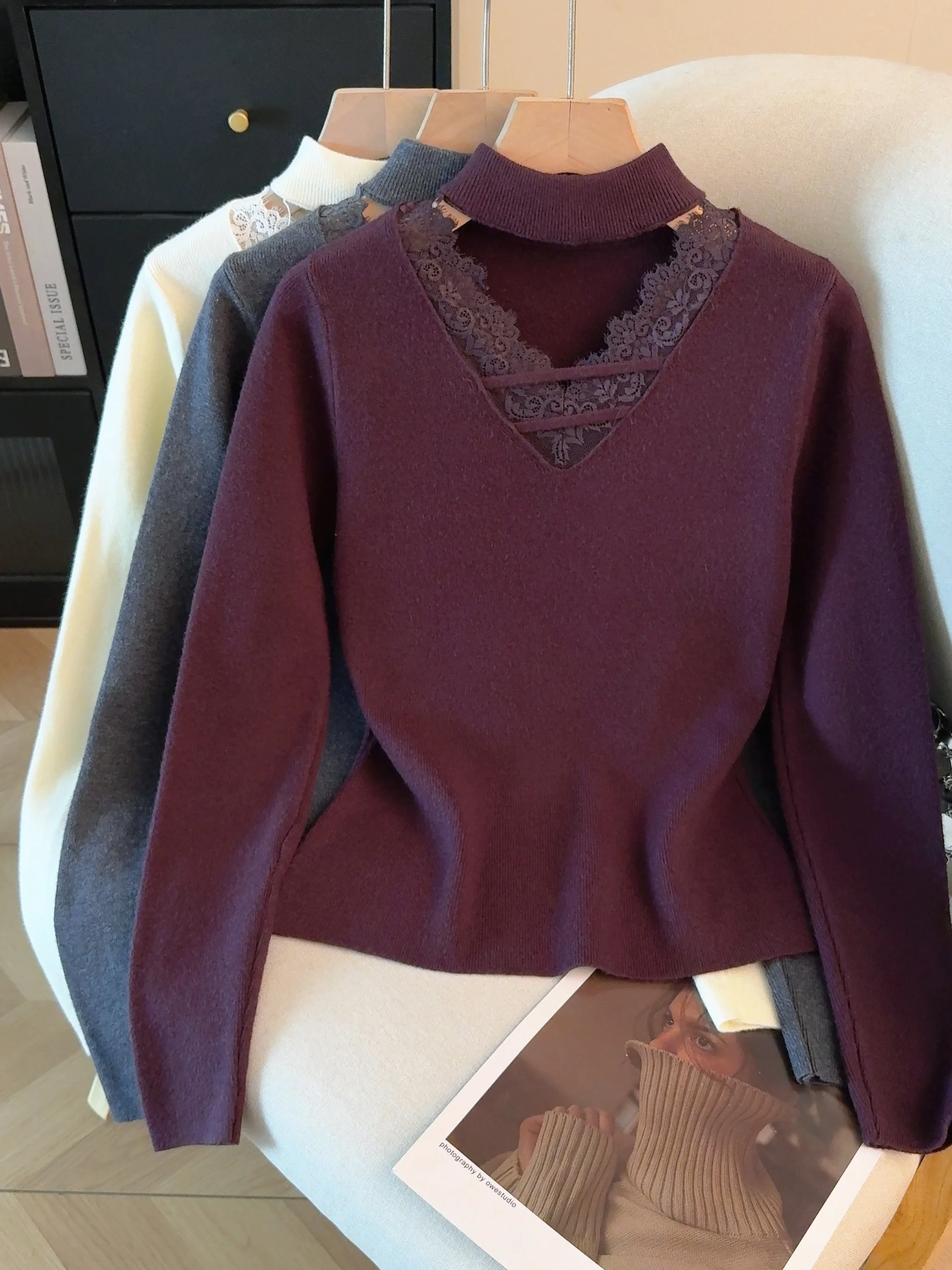 Ele Long Sve Spitzen-Strickoberteil für Damen, Basisschicht, Irt V-Ne, koreanisches SLE, weich, warm, Winterfaion, kleine Größe, freundlich