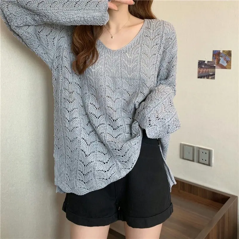 Camisa de manga larga con cuello en V para mujer, Tops de poliéster de estilo coreano, Retro, Irregular, elegante, a la moda, sólido, 2024