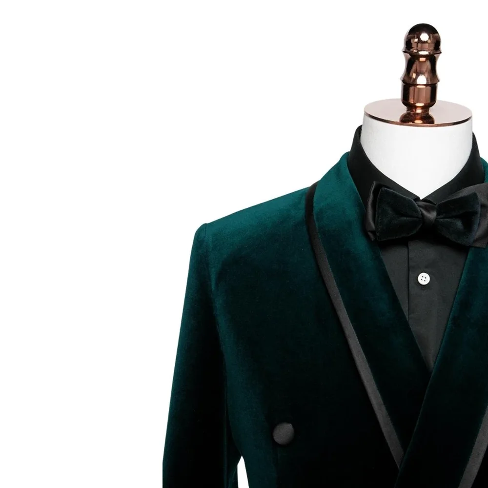 Green Velvet Men\'s Suits 2 Piece Fashion Groom Wedding Party Tuxedo Slim Chic Shawl Lapel Double Breasted Male Suit 2024