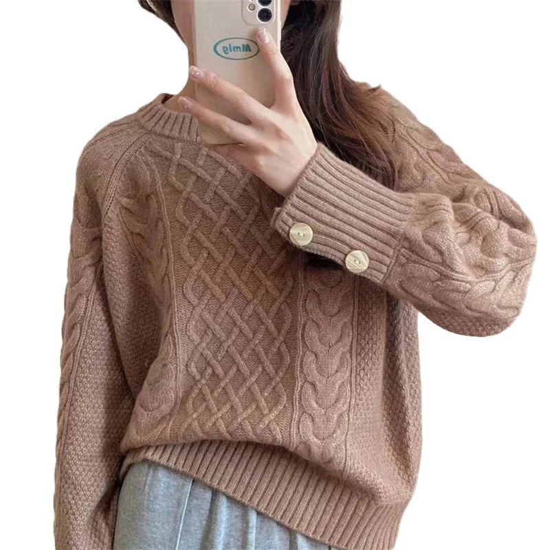 Dicke verdrehte Pullover Frauen Herbst Langarm O-Ausschnitt weibliche Strick pullover solide lässig lose Dame Kintwear Tops