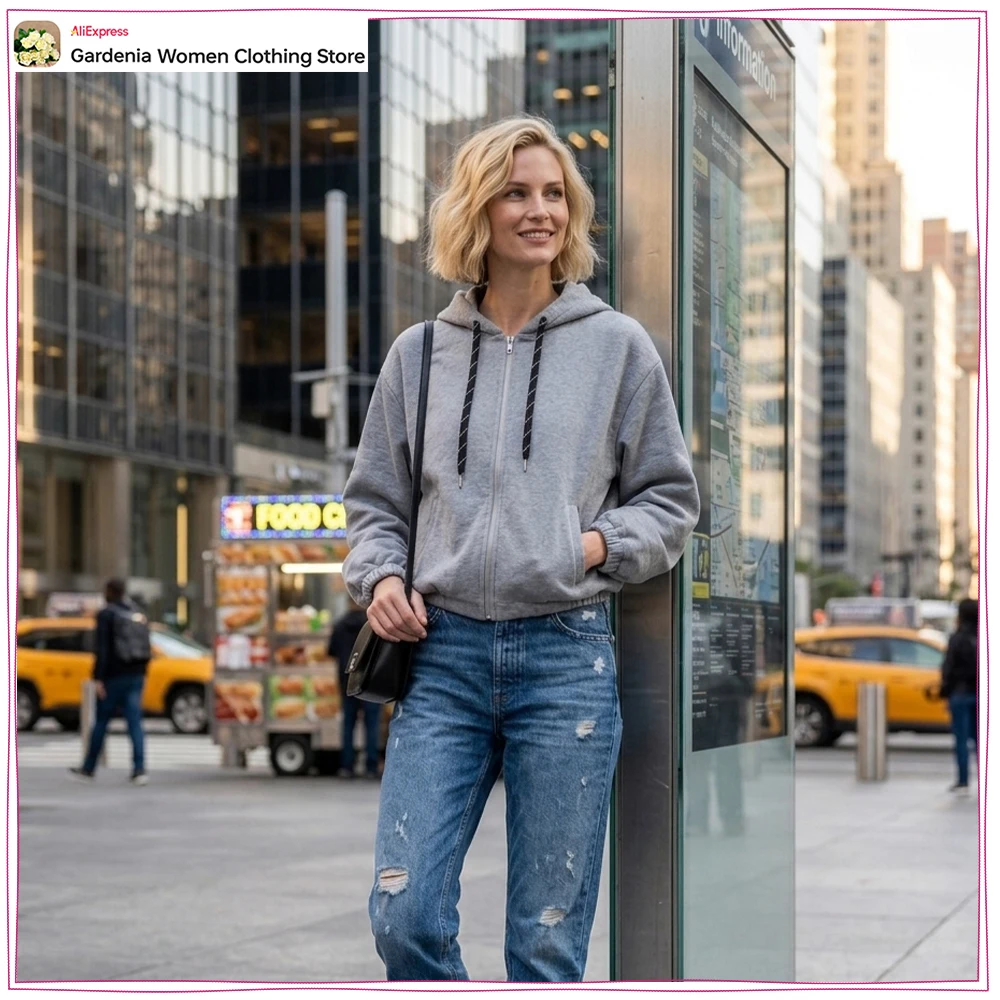 New in Hooded Bomber Sweatshirts for Women Casual Zippered Sweatshirts with Double Welt Pockets and Adjustable Drawstring Hoodie