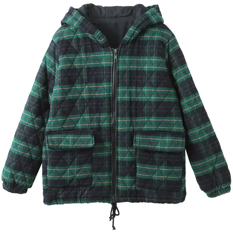 

Retro Plaid Jacket Korean Version Winter Plus Cotton Diamond Lattice Warm Thickened Hooded Casual Cotton Coat Female 2022 New