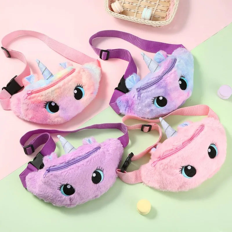 Riñonera de felpa con diseño de unicornio para niños y mujeres, bolsa de viaje para el pecho con diseño de dibujos animados, a la moda