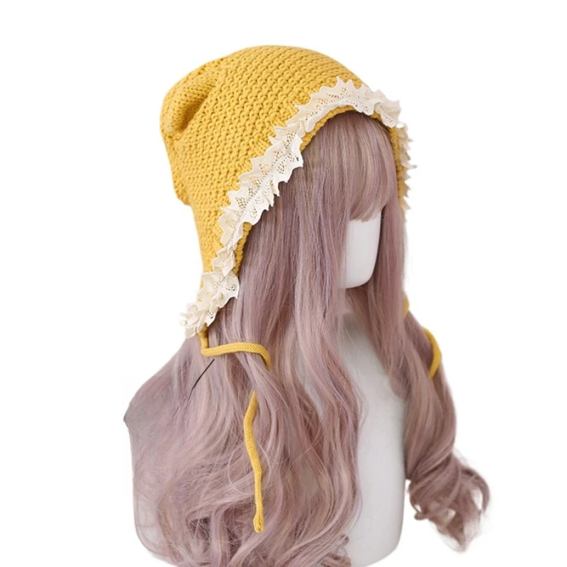 ロリータ ソフトガール 日本製 手作り帽子 ニット帽 レディース 秋冬 フレンチレース 暖かい帽子