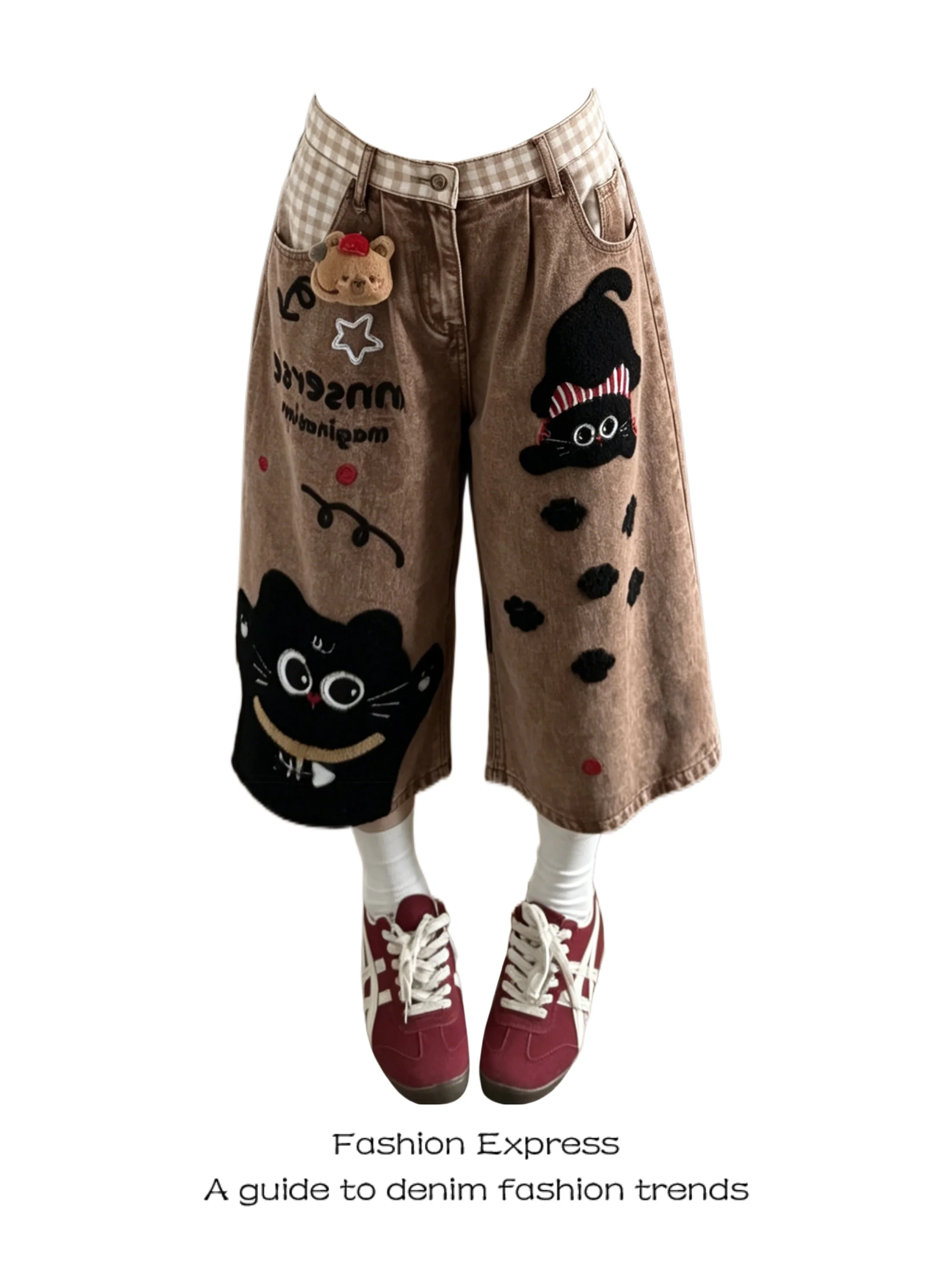 

2026 Summer New Women's Loose Wide Leg Jeans Embroidered Towel Cartoon Seven-Foot Pants Casual High Waist Denim Jeans