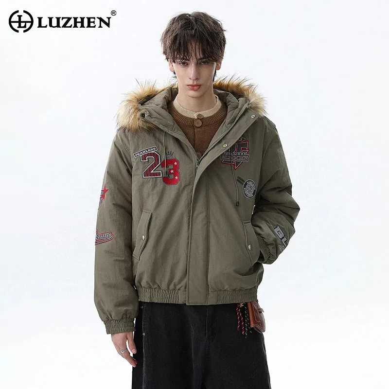 

LUZHEN 2025 зимняя оригинальная стеганая куртка с вышивкой из искусственного меха и капюшоном, мужская стеганая куртка высокого качества, стильная красивая парка, пальто JY5158