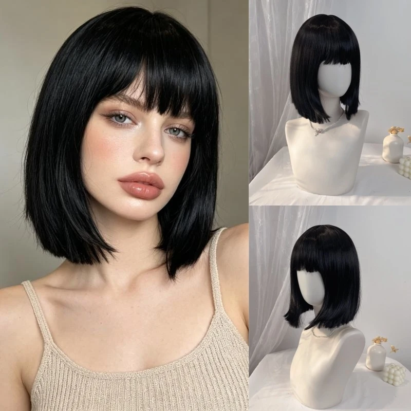 Women's Short Black Bob Wig Full Headpiece