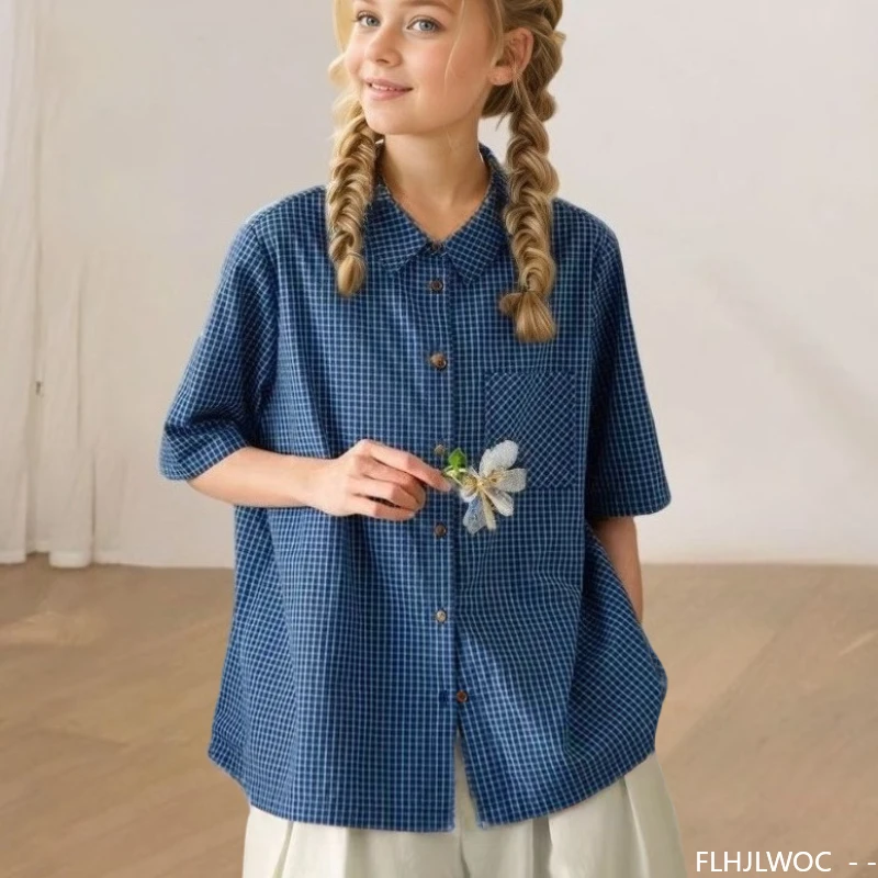 Baumwolle Tops Blusen Neue Design 2025, Frau Japan Stil Mädchen Sommer Kurzarm Casual Retro Vintage Bluse Plaid Shirts