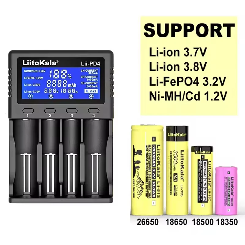 LiitoKala Lii-PD4 Smart 4 Bay Battery Charger LCD Display for 18650 21700 26650 AA AAA NiMH Li-ion LiFePO4 Fast Safe Universal view 5