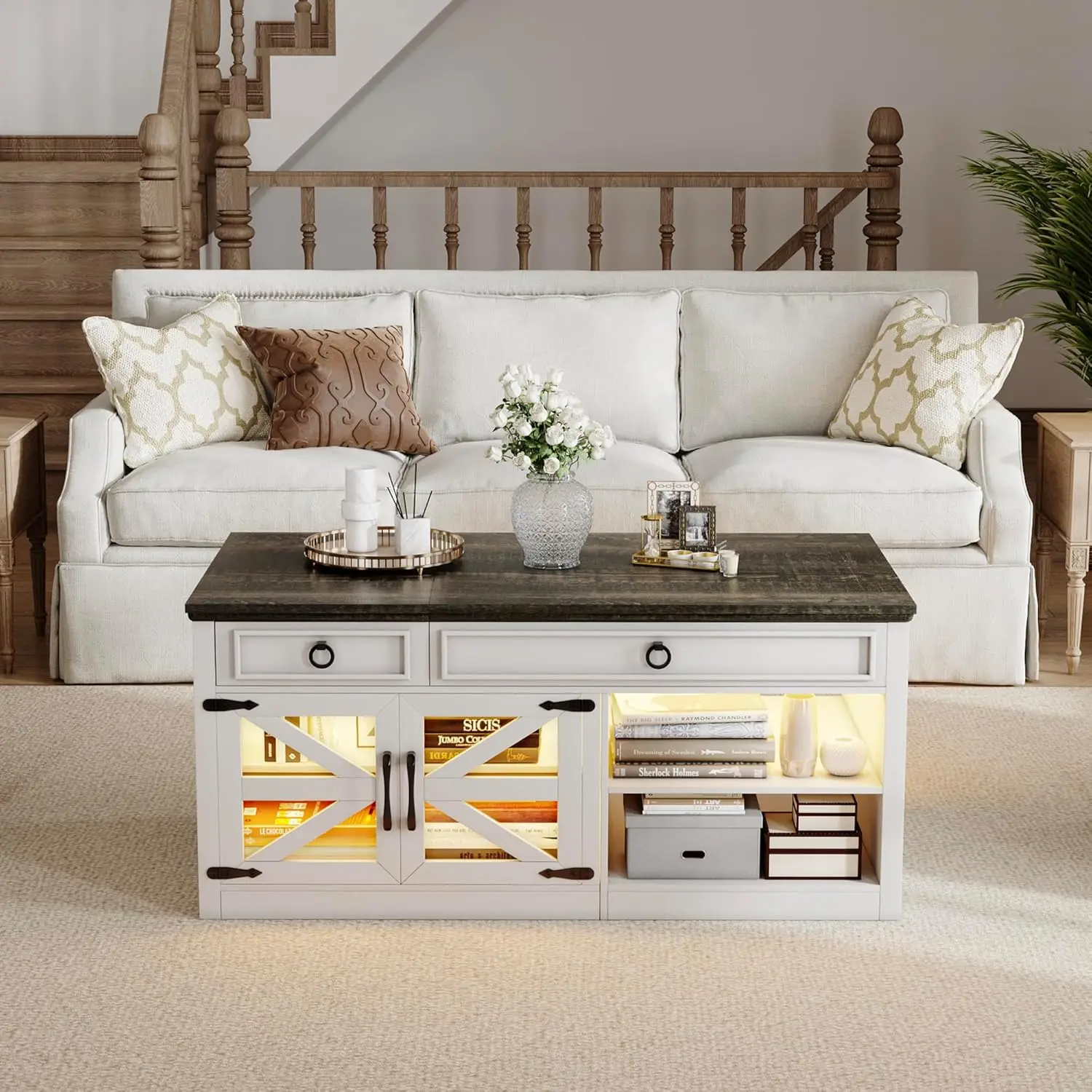 #Lift Top Coffee Table with Charging Station Hidden Compartment 2 Drawers LED Lights Living Room White Customized
