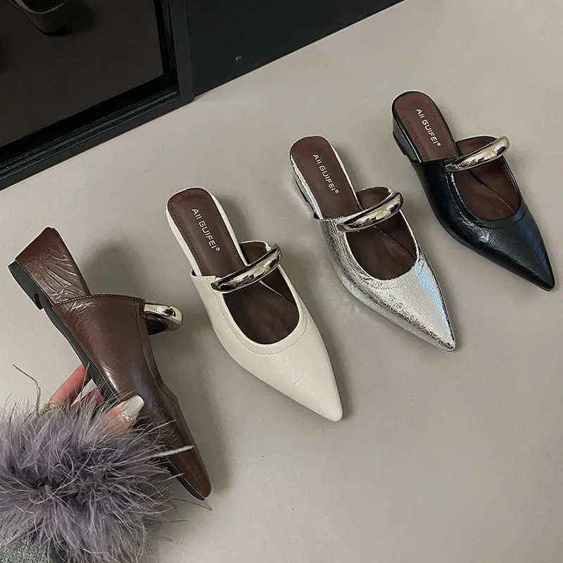 2025 femmes mode métal dames babouches chaussures femme diapositives bout pointu talon bas Mules chaussures babouches chaussures