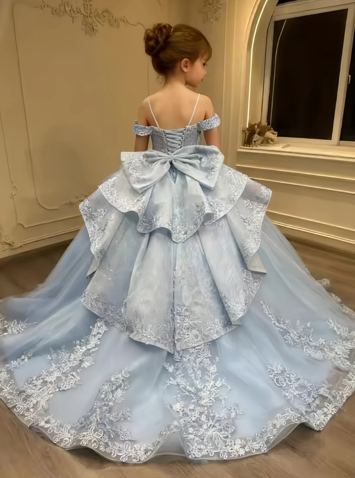 

Кружевное платье с оборками из бисера и аппликацией с бантом и открытыми плечами, платье с цветочным узором для девочек, пышное платье, бальное платье для девочек на день рождения по индивидуальному заказу