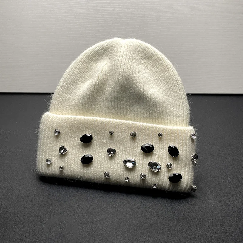 

Winter lady warm thick beanie cap 7colors fashion rhineston solid casual Knitted hat women Angora wool cap windproof Versatile