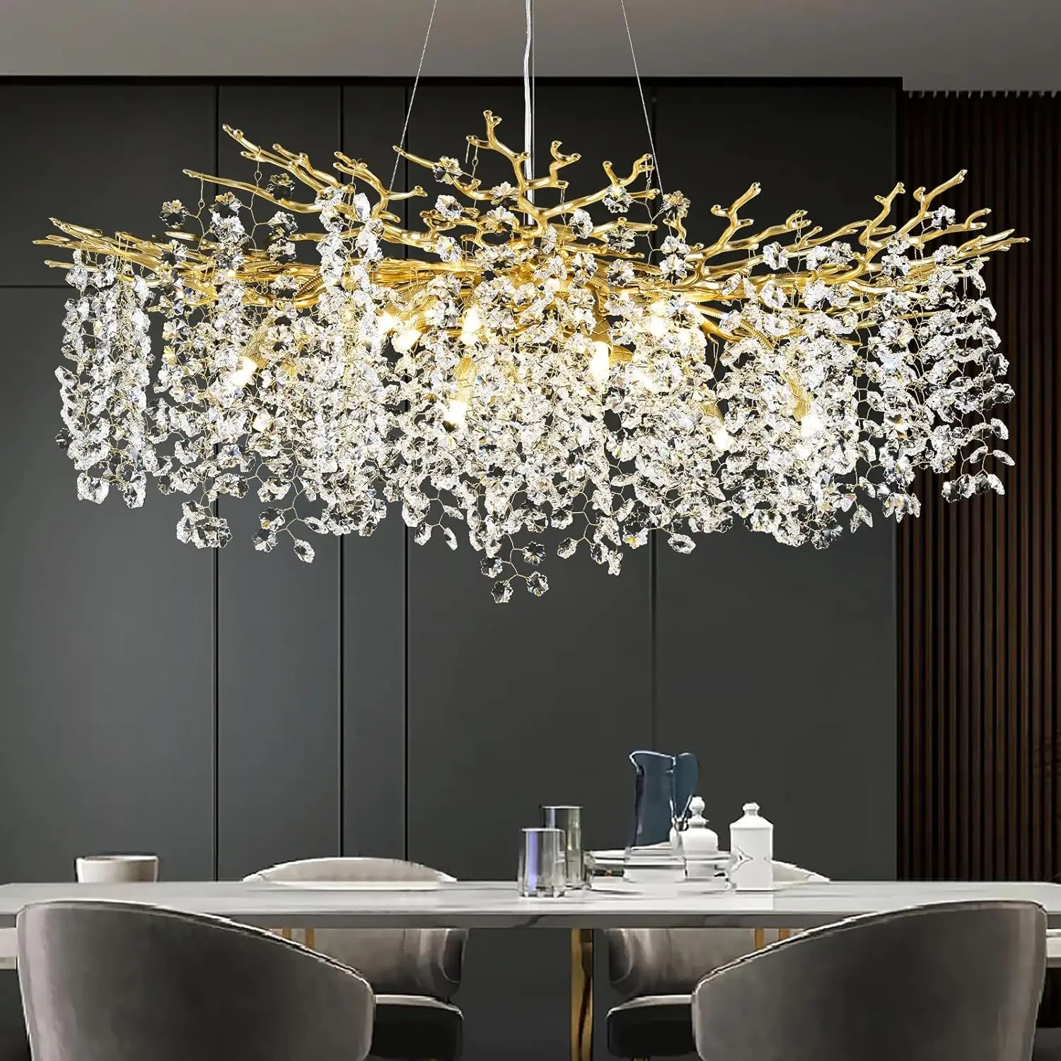 Tree Branch Gold Crystal Chandeliers for Dining Room Round High Ceiling Chandeliers Large Modern Lights Fixture for Kitchen