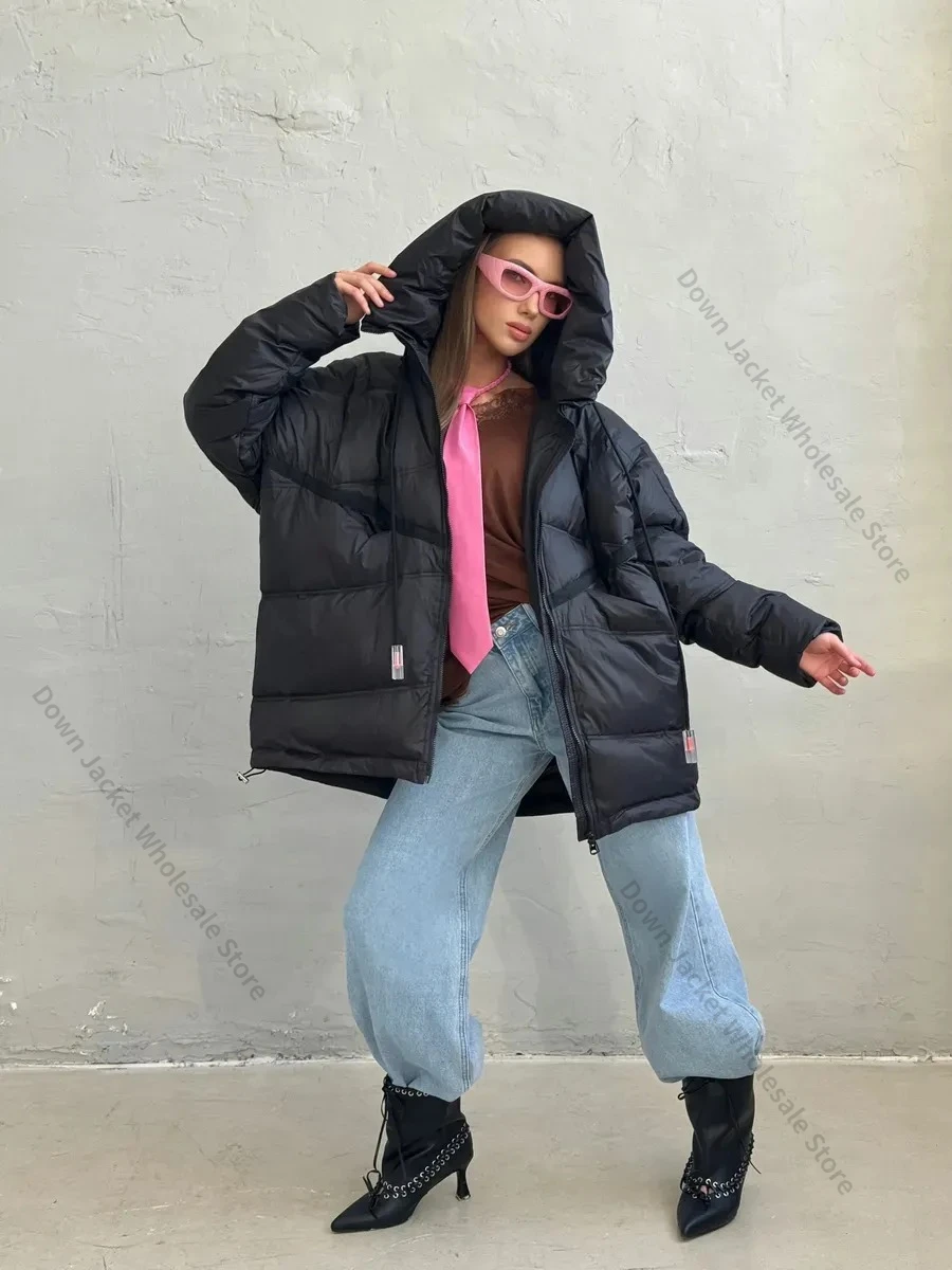 Down Jacket Women Oversize White Duck Coat Loose Warm Outerwear Hood Korean Style Coat Down Jacket Women Casual Office Lady view 4