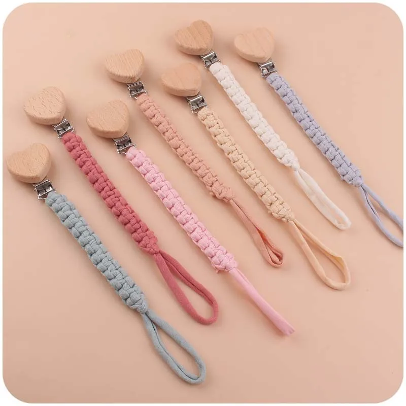 Baby Fopspeenketting Hand Gevlochten Katoenen Doek Handgemaakte Hartvorm Houten Dummy Fopspeen Clips Voor Verpleging Bijtring Douchegeschenken