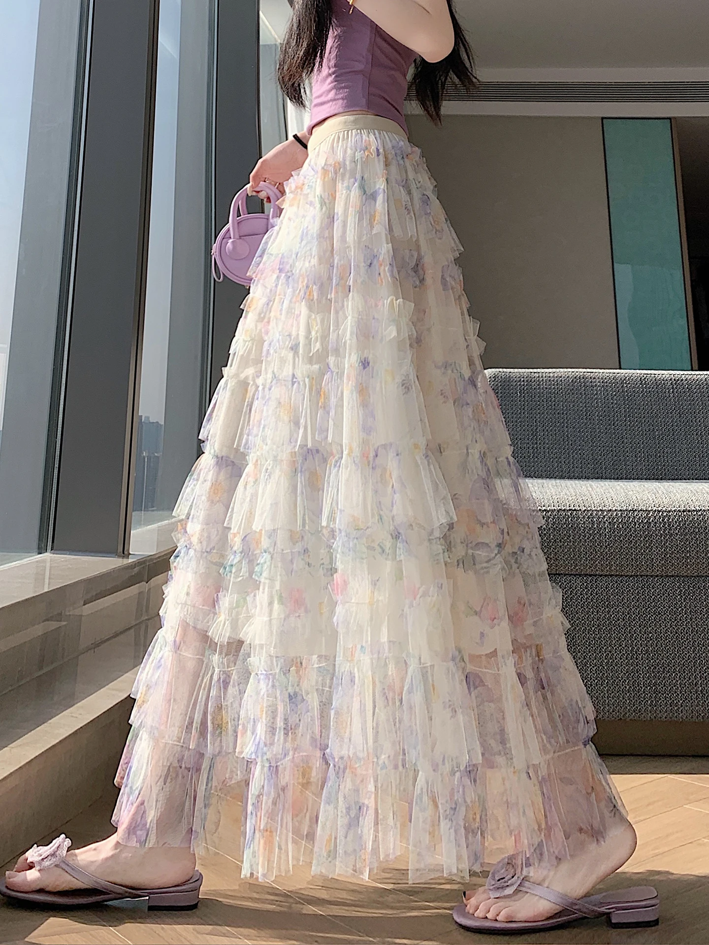 

Sweet Floral Lace A-Line Midi Skirt Women Summer Puffy Cake High Waist Slimming Half-length Skirts Korean Style Commute