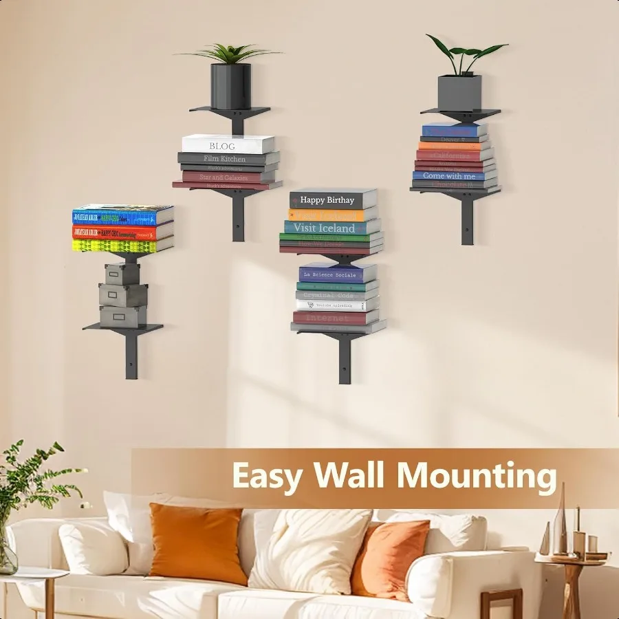 Estantería flotante Invisible para montaje en pared, paquete de 3 torre de libros de columna negra, organizadores de libros verticales de 6 niveles, Bo de Metal resistente
