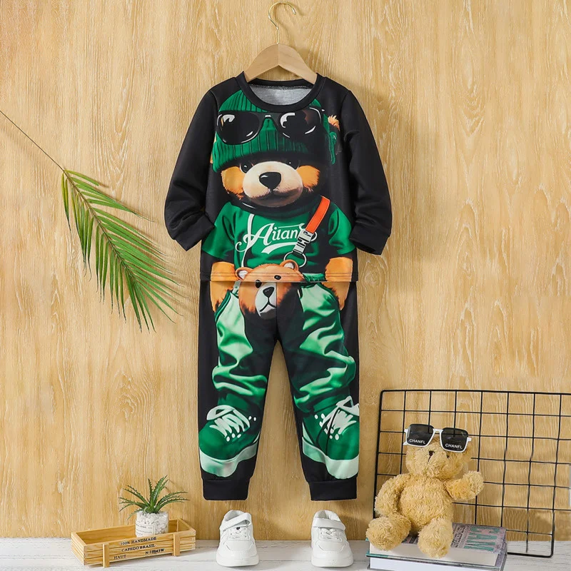 Conjunto de 2 piezas con estampado de oso de dibujos animados para niños, pantalones cortos para deportes al aire libre, playa, calle, moda urbana,