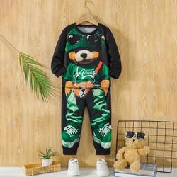 Conjunto de 2 piezas con estampado de oso de dibujos animados para niños, pantalones cortos para deportes al aire libre, playa, calle, moda urbana, ropa de manga larga