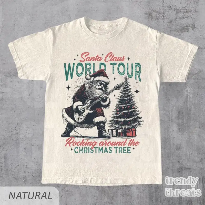 

Santa Claus World Tour Christmas T Shirt Funny Retro Rocking Around The Tree