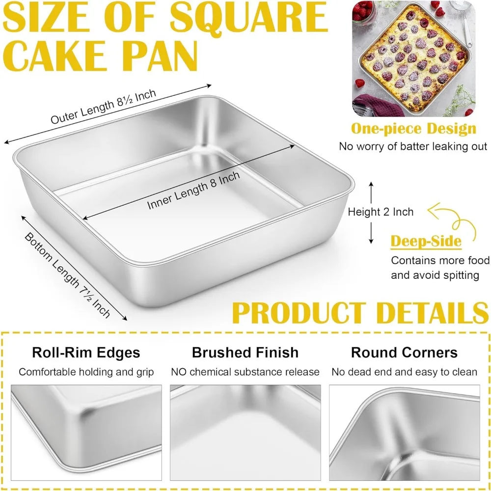 Stainless Steel Baking Pan for Lasagna Brownies Casseroles, Silver Square Bakeware for Oven Cooking, Non-Toxic & Rust Free