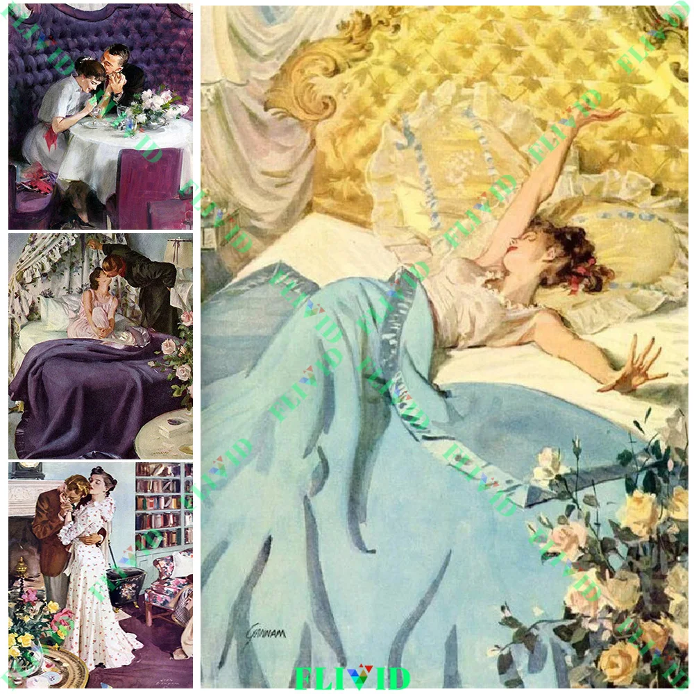 

Retro Feminine Aesthetics Wall Art Canvas Painting Tea In Bed Vintage illustration,Classic Art Poster Print Home Decor Unframed