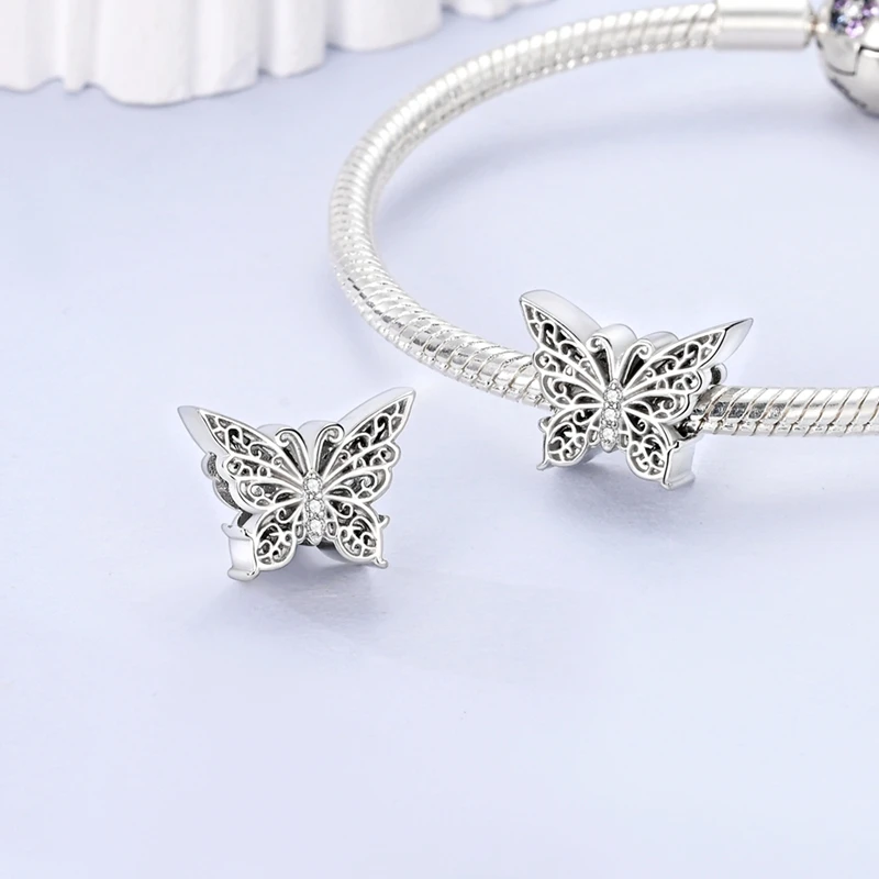 

925 Sterling Silver Retro Hollow Pattern Butterfly Charms Bead Fit 3mm Original Bracelet DIY Women Fine Anniversary Jewelry Gift