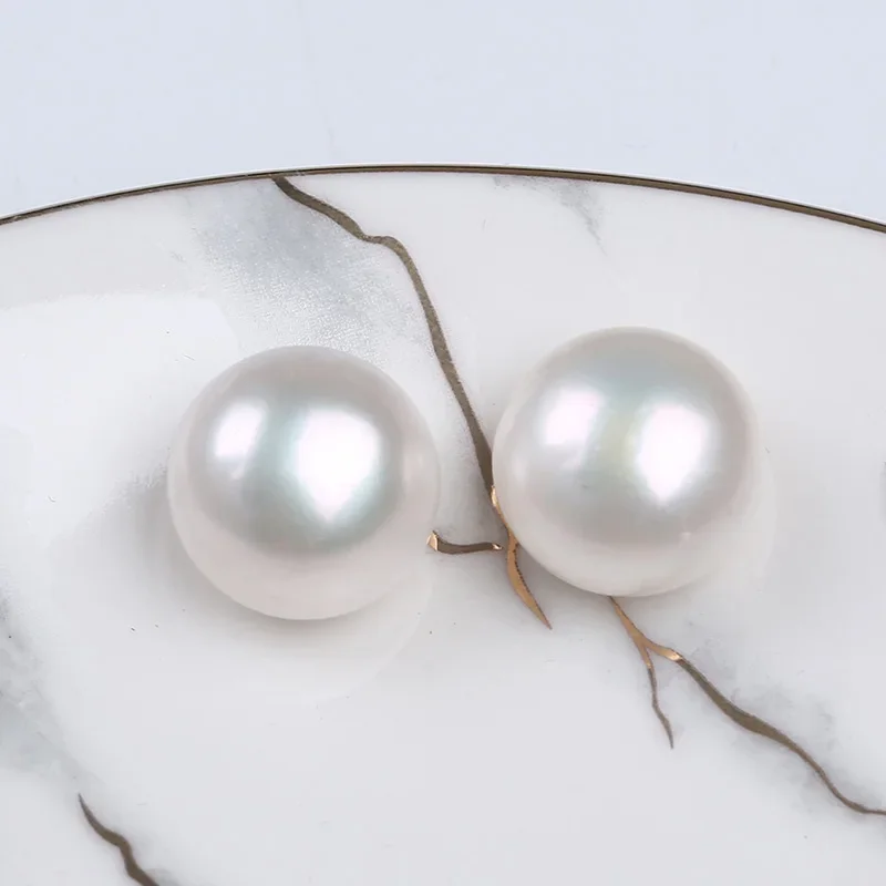 14-15mm High Quality Natural White Button Shape Freshwater Pearl In Pair For Earring Making