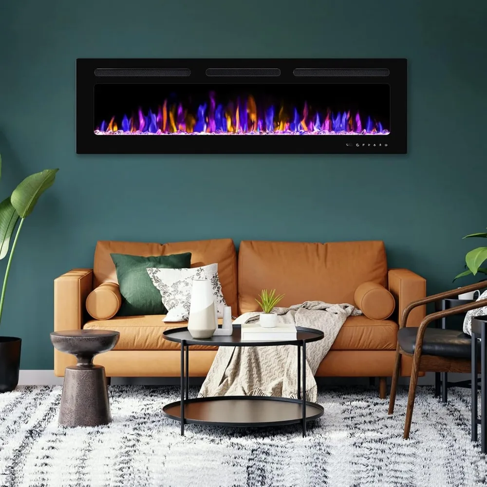 60" Electric Fireplace Wall Mounted and Recessed with Remote Control, 750/1500W Ultra-Thin Wall Fireplace Heater