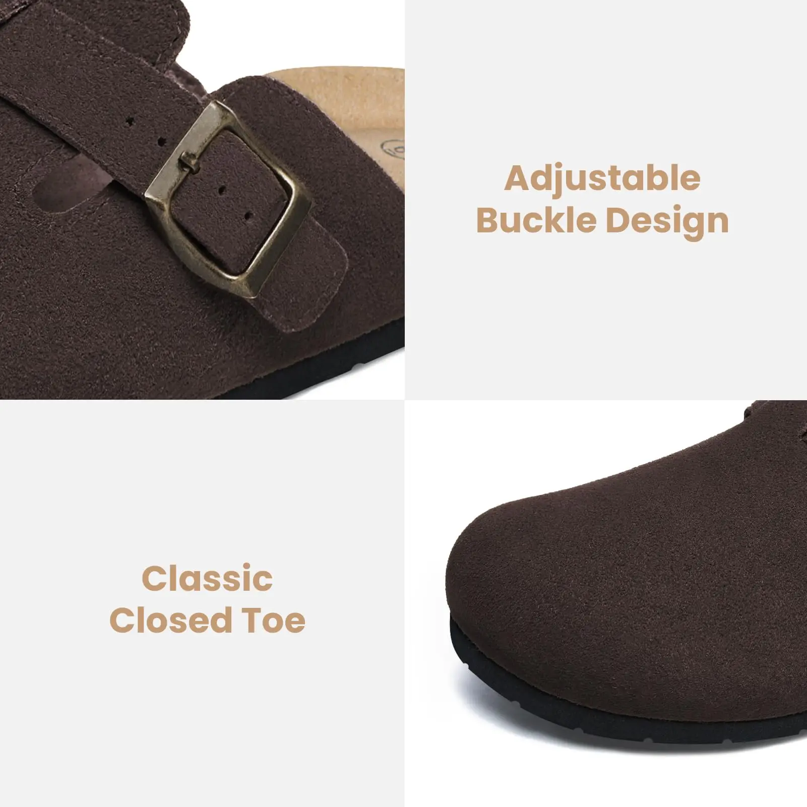 Evshine Summer Clogs With Cork Insole, Cow Suede, Buckle - Closed Toe, For Men & Women, Wide Width_voghion.com