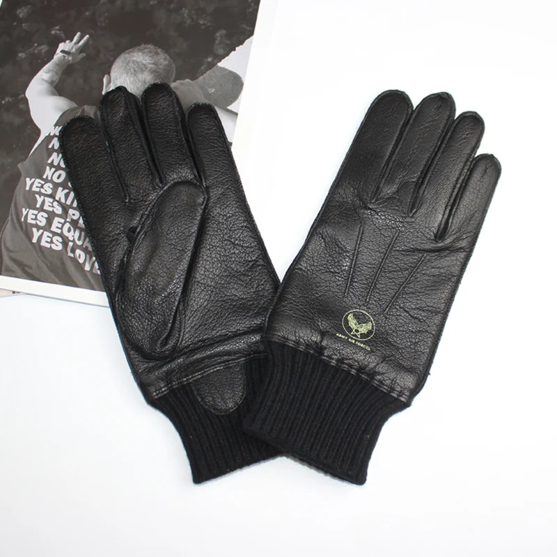 Men's Deerskin Gloves High Quality Genuine Leather Fleece Knit Lining Warm Striped Aviation Pilot Driving Gloves Autumn Winter