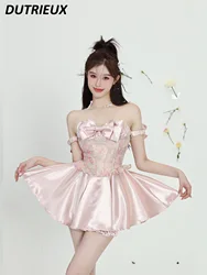 Summer New Style Pink Bowknot off-the-Shoulder Tulle Tutu Dress Sweet Girl Versatile High Waist Princess Dresses and Base Shorts