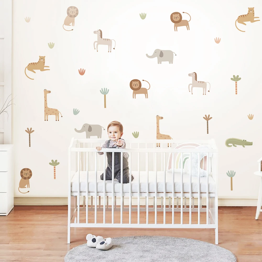 Cute Cartoon Safari Animals Lion Giraffe Elephant Nursery Wall Stickers for Kids Rooms Living Room Decor Wall Decals Wallpaper