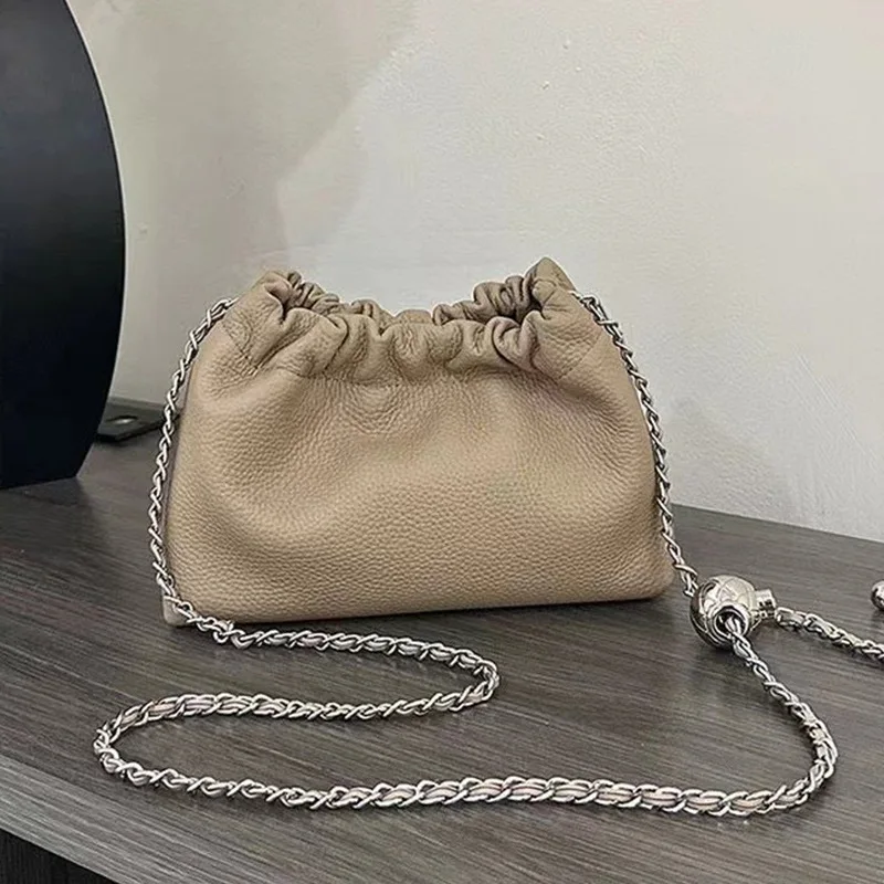 Hot Sale Silver Ball Chain Genuine Leather Small Bucket Bag Fashion Wrinkled Cowhide Single Shoulder Cloud Bag Hobo Tote Bag