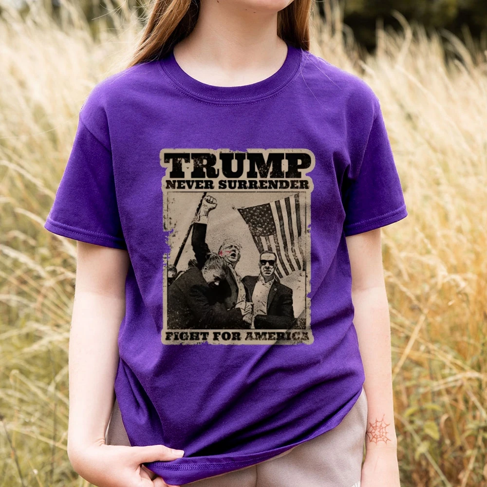 

Neutral Style T-Shirt Never Give Up Trump Wins Graphic Printing Pure Cotton Shoulder High Quality Trend New 2024 Tshirt