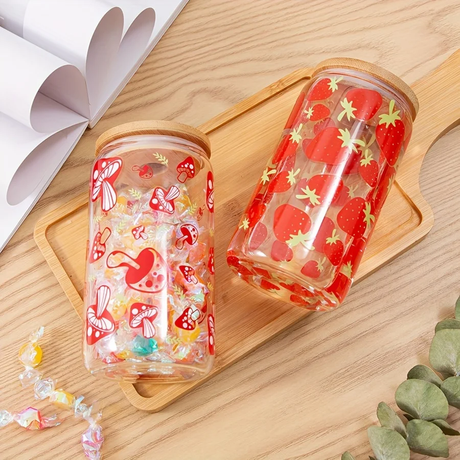 1pc 6oz Clear 3D Printed Sublimation Glass Cup With Bamboo Lid&Glass Straw Drinking Cups With Waterproof Sticker Muti-Pattern view 2