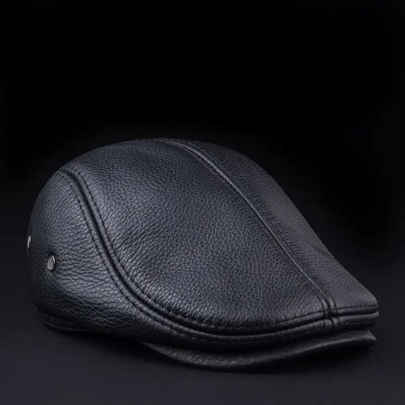 New Autumn Winter High Grade Real Full Grain Cow Leather Beret Cap For Men Business Retro Fashion Outing Warm Earflaps Visor