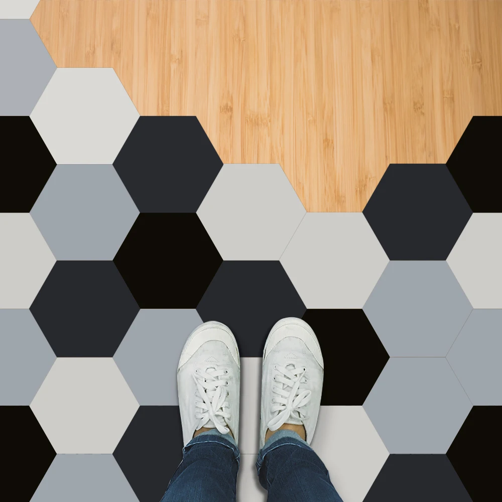 Azulejos hexagonales para decoración del hogar, pegatinas de pared para suelo de cocina, baño, TV, sofá, Artístico de pelar y pegar papel tapiz, color negro, blanco y gris, 10 piezas