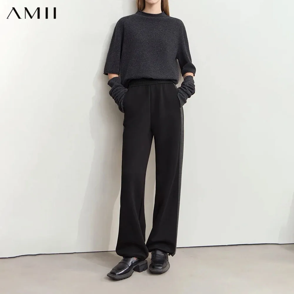 Amii 2026 Winter Women Clothes Rubber Band Waist Contrasting Color Splicing Velvet Casual Trousers Loose Two-wear Pants 12444239