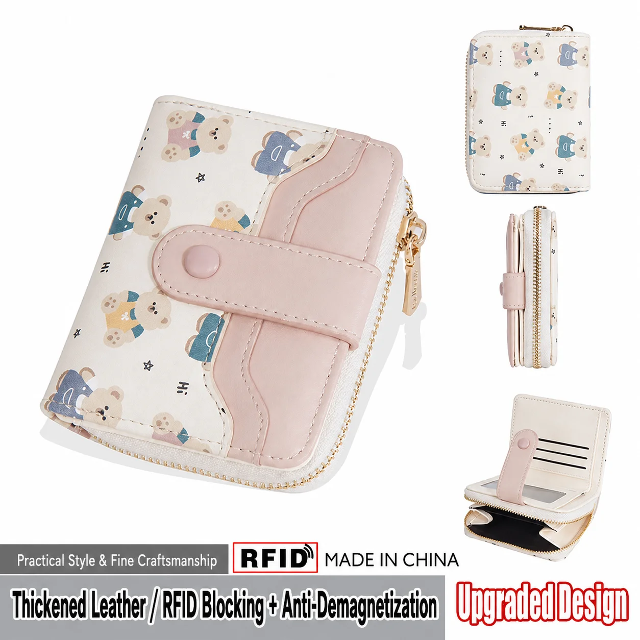 Pu Leather Wallet Cute Multi-Card Slot Wallet Women'S Zipper Purse Compact Bear Print Wallet For Shopping Daily Commuting