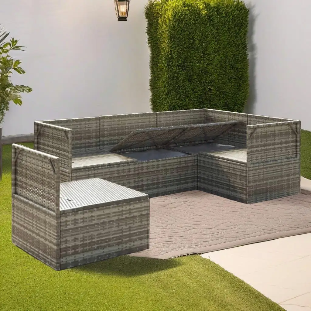 5-Piece Gray Poly Rattan Patio Lounge Set with Cushions - Outdoor Furniture
