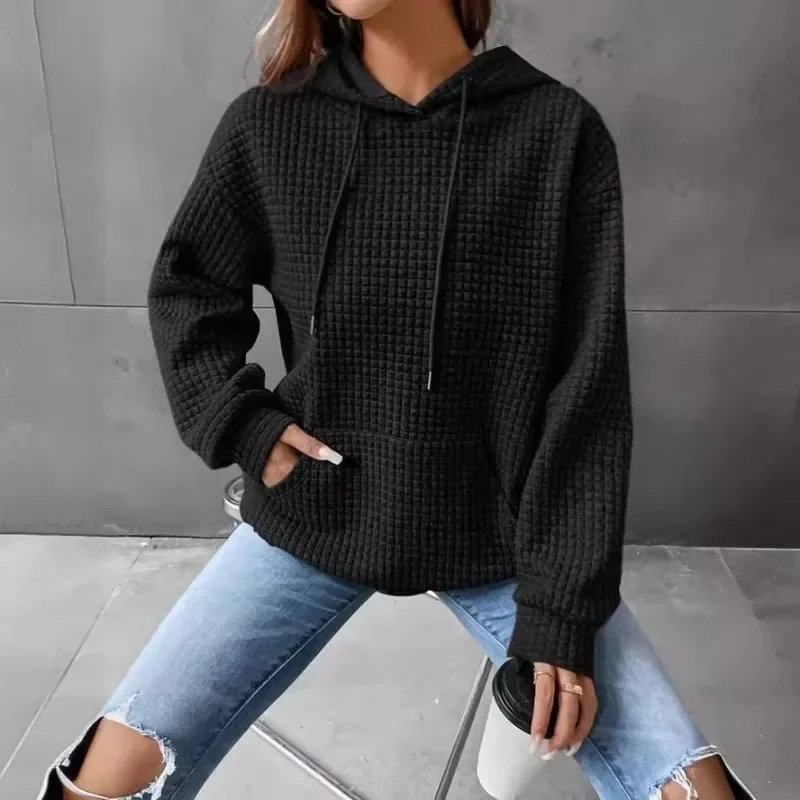 

Autumn and Winter New Fashion Plaid Round Neck Long Sleeve Hoodie Solid Color Top