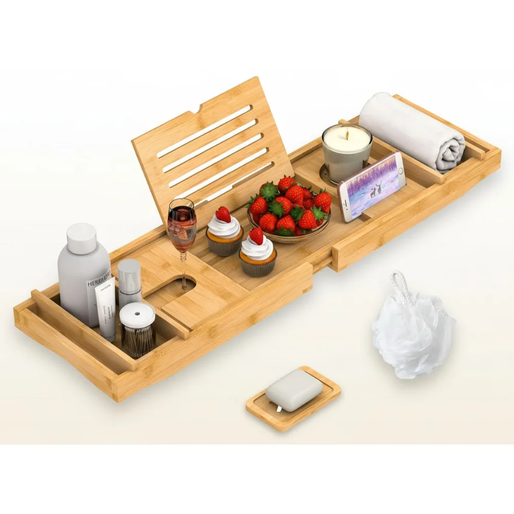 

Expandable Bamboo Bathtub Tray with Book & Wine Holder, Adjustable Luxury Bath Caddy for Spa Relaxation
