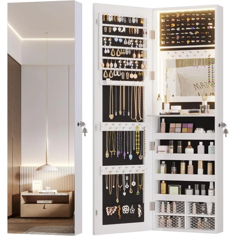 

LED Jewelry Mirror Cabinet, Wall/Door Mounted Jewelry Armoire Organizer with Full Length Mirror, Large Storage Hanging Cabinet