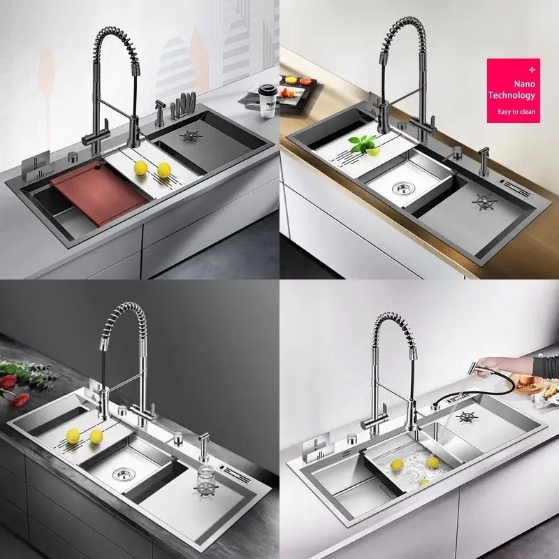 304 Stainless Steel Kitchen Sink with Waterfall Pull Out Faucet Single Bowl Large Wash Basin for Household Laundry Cup