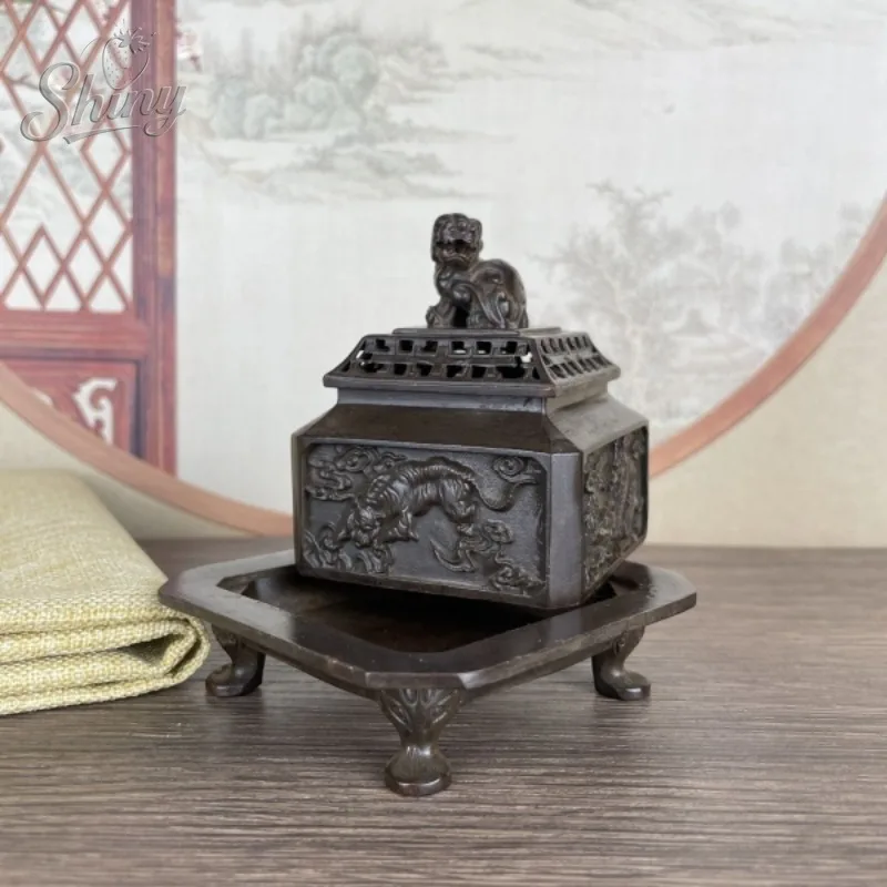 Antique-style Relief Incense Burner with Four Mythical Beasts, Indoor Decorative Incense Burner with Lion Lid